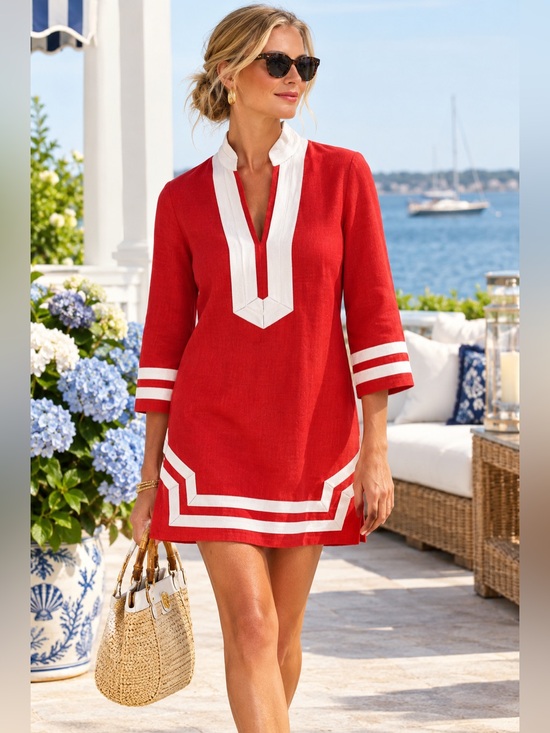 Sail to Sable Other - Sail to Sable 100% Linen Shift Dress XS Red White Resort Wear Travel Luxury